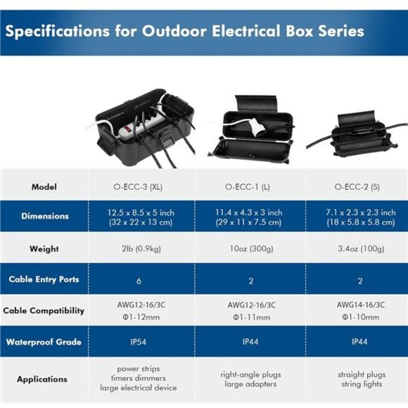XL Outdoor Box w/ 6 Cable Seal Entry, Weatherproof Extension Cover, Black. - Picture 6 of 6